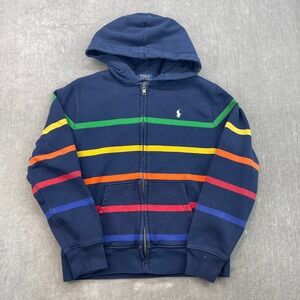 Polo Ralph Lauren Kids L 14-16 Navy Blue Striped Zip Up Hoodie Pony Logo